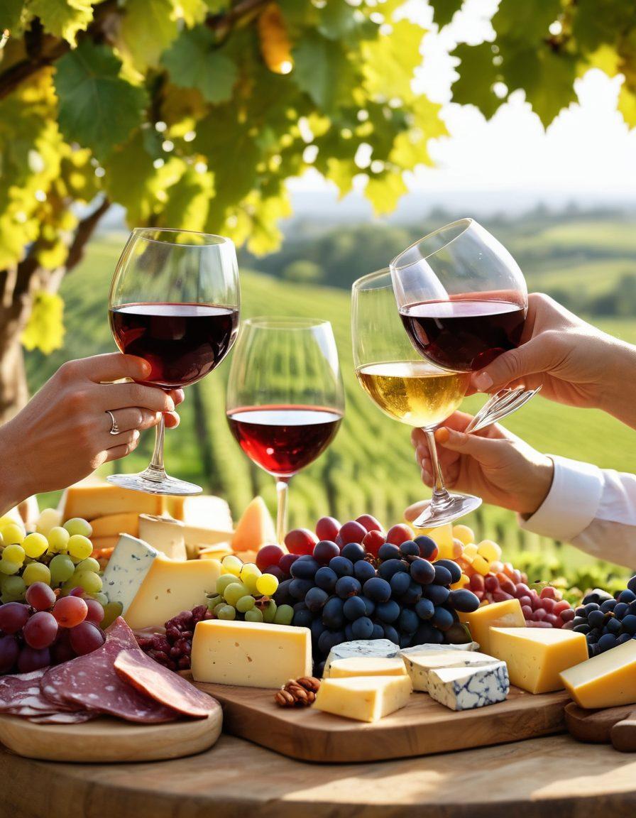 A beautifully arranged table featuring an array of wine glasses filled with colorful wines, surrounded by cheerful friends toasting and laughing, with a backdrop of a sunlit vineyard showcasing lush grapevines. Add elements of gourmet cheese and charcuterie paired with fresh flowers, capturing the essence of joy and celebration. super-realistic. vibrant colors. warm sunlight.