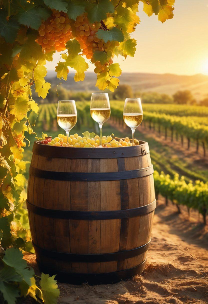 An idyllic vineyard at sunset, with lush grapes hanging on vines, a rustic wooden barrel nearby, and glasses of sparkling wine filled with golden liquid clinking together in celebration. Joyful figures in elegant attire raise their glasses, embracing the moment. Bright, warm colors to evoke happiness and festivity. impressionistic art style.