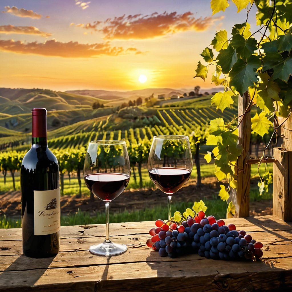 A picturesque vineyard under a golden sunset, with lush grapevines extending towards the horizon. In the foreground, a glass of rich red wine is elegantly placed on a rustic wooden table, reflecting the warm glow. Nearby, a family joyfully toasts, embodying moments of connection and celebration. The background reveals distant rolling hills, symbolizing prosperity and growth. The scene captures a sense of richness and heartfelt enjoyment. super-realistic. vibrant colors. warm tones.